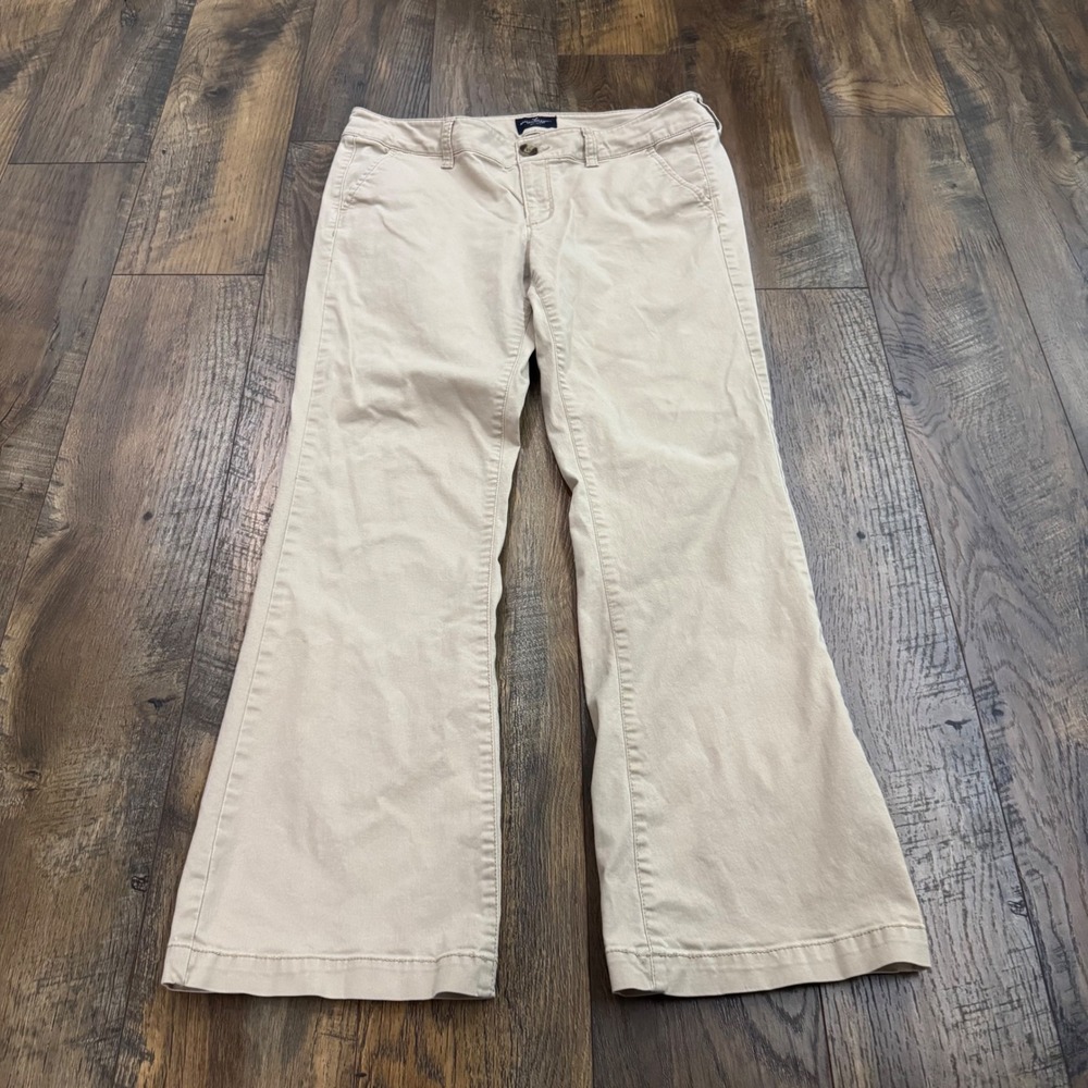 American Eagle Kick Boot Stretch Khaki Pants Tan Low Rise Bootcut Women 10 Short